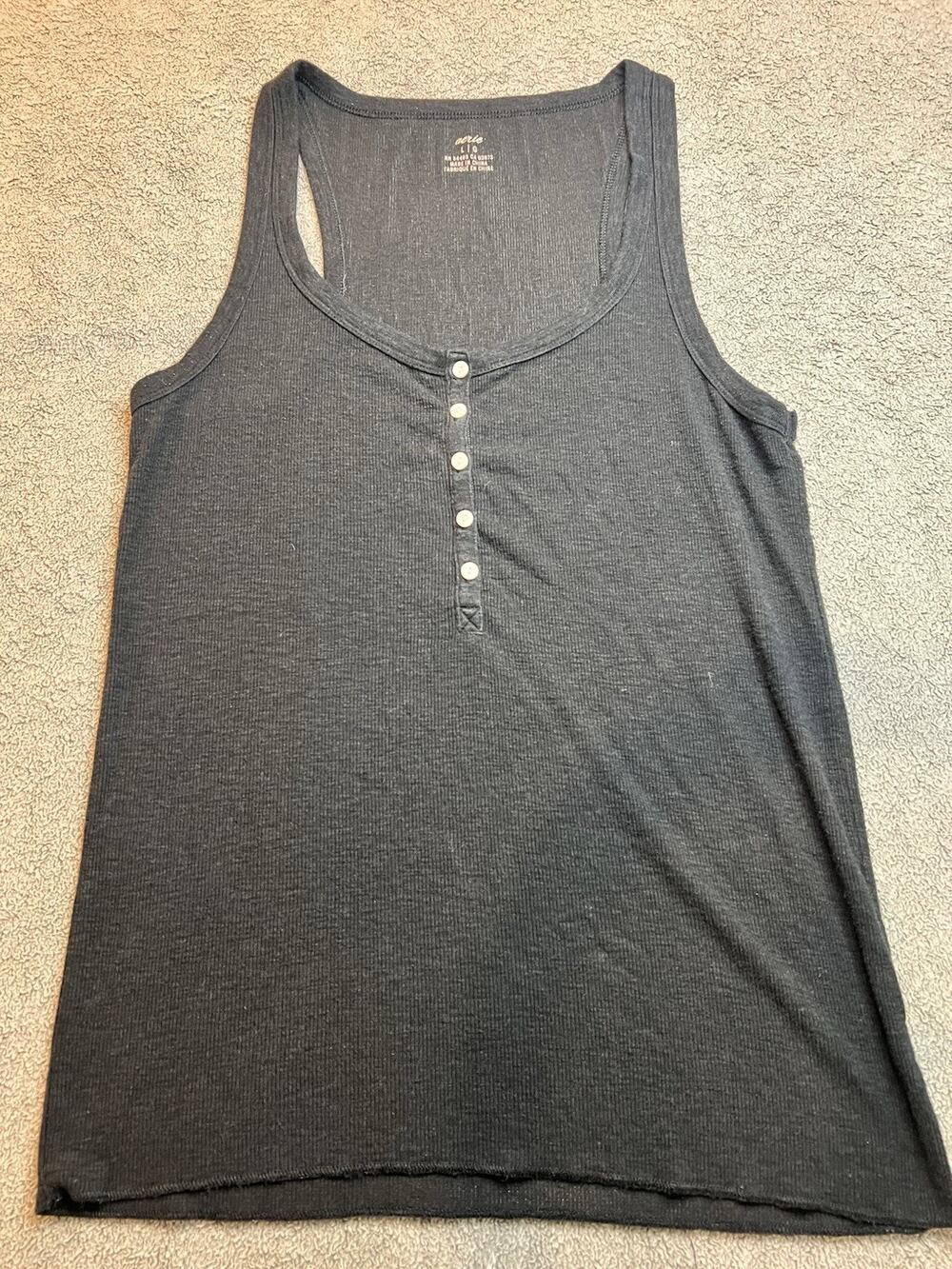 Aerie Navy Blue Ribbed Henley Racerback Tank Top Size L Cotton Blend B416